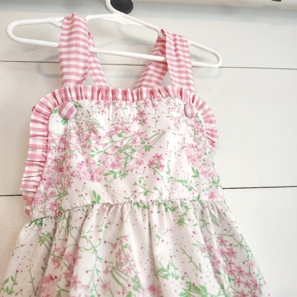 Classic Whimsy Pink Green Gingham Floral Dress Size 8 Preppy Pastel Ditsy Ruffle - Picture 7 of 9
